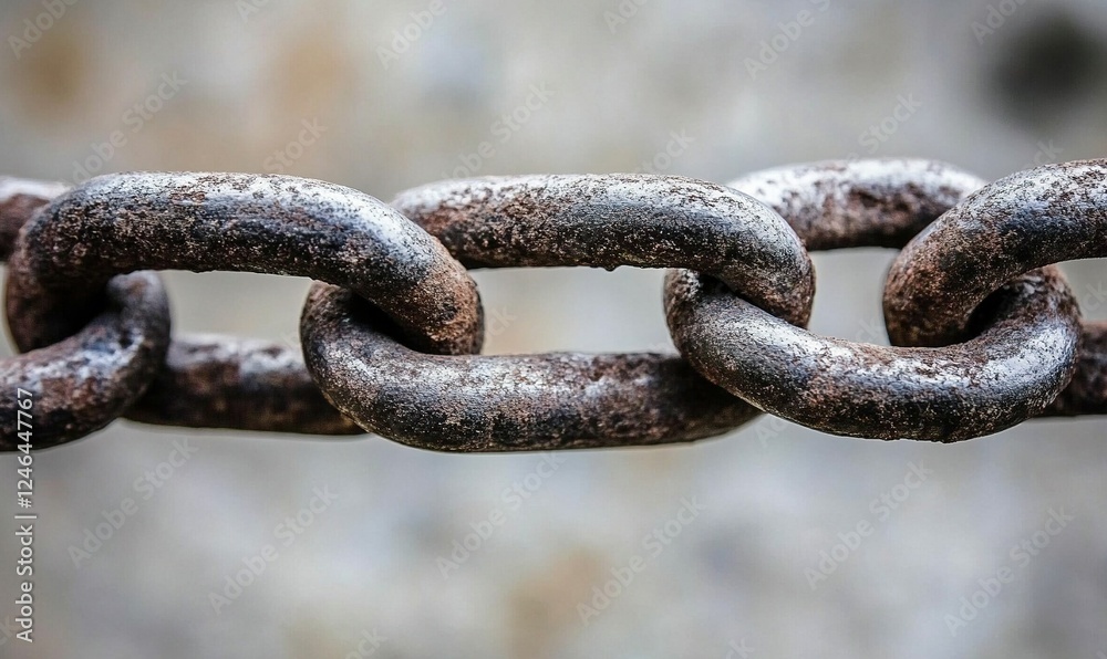 Close-up of rusty metal chain links against blurred stone background, ideal for strength or security concepts Close-up of rusty metal chain links against blurred stone background, ideal for strength or security concepts