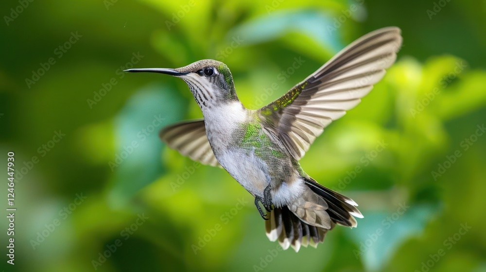 Fototapeta premium A hummingbird hovering gracefully among vibrant green foliage in a natural setting