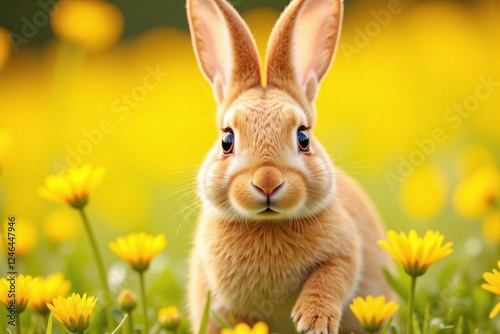 rabbit in mid stride in sunlit yellow flowered meadow photo