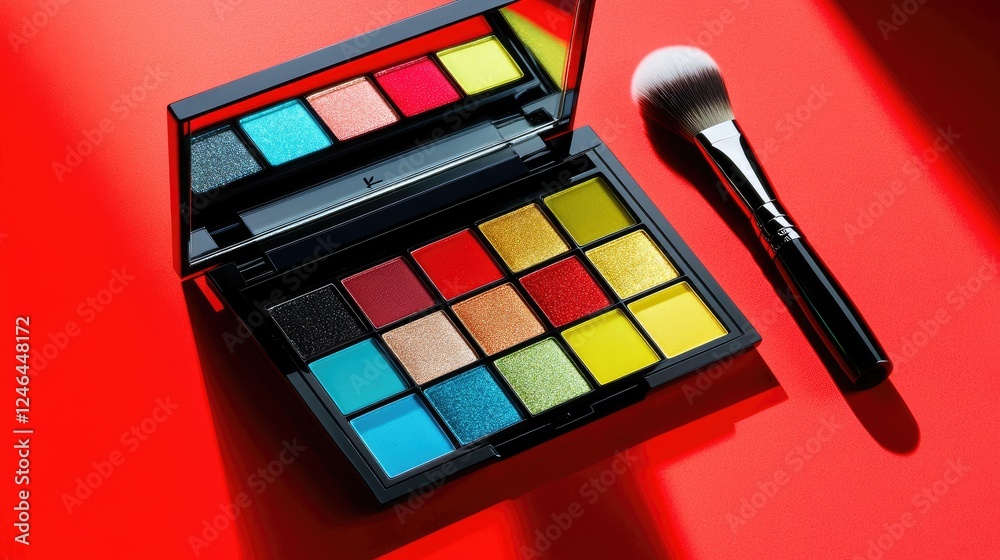 Open eyeshadow palette with vibrant colors and a makeup brush resting beside it. Open eyeshadow palette with vibrant colors and a makeup brush resting beside it.