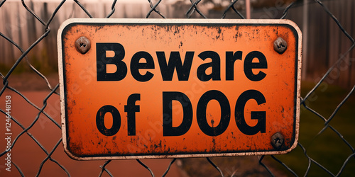 Industrial fence with a Beware of DOG sign warning of possible danger and aggressive dog