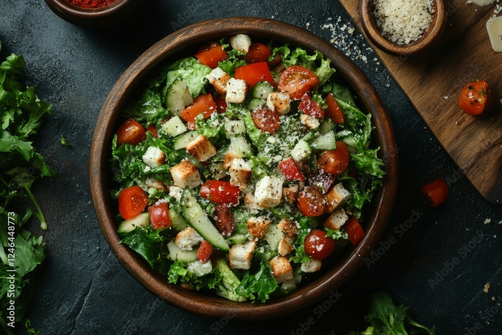Fresh caesar salad with croutons and dressing on gray surface. AI generated Fresh caesar salad with croutons and dressing on gray surface. AI generated