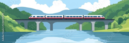 Train travels across a picturesque bridge over a calm river surrounded by lush green mountains. Generative AI photo