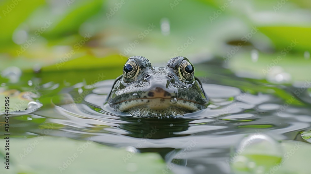 Fototapeta premium Close-up of a frog swimming among lily pads in a serene pond with gentle ripples and droplets