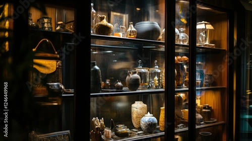 Shelves filled with antique glassware and vintage objects photo