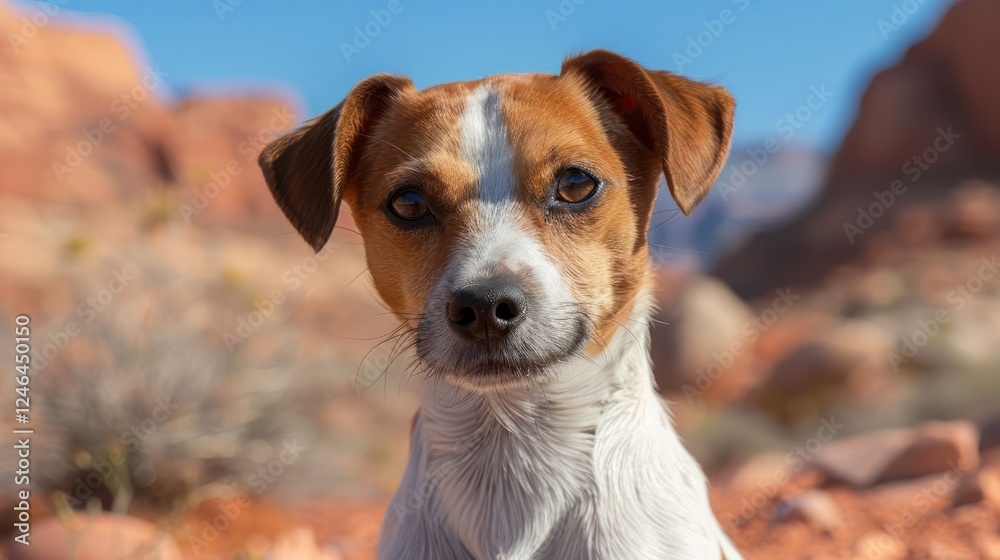 Close-up portrait of a dog in a desert landscape with vibrant rock formations in the background