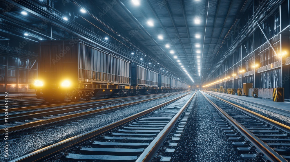 Freight Train in Dark Industrial Warehouse with Bright Lights Freight Train in Dark Industrial Warehouse with Bright Lights