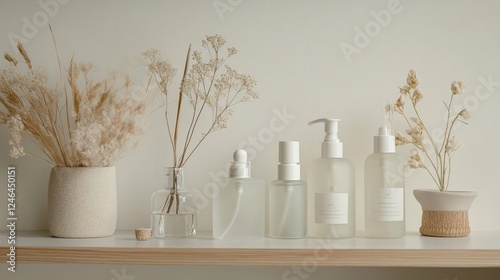 Skincare toner and facial mists in frosted glass bottles on a minimalist shelf.