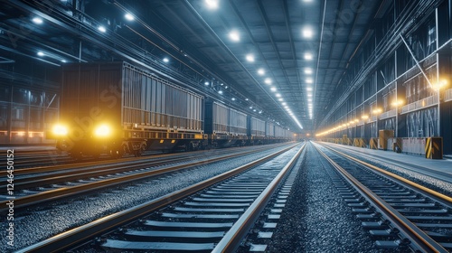 Freight Train in Dark Industrial Warehouse with Bright Lights