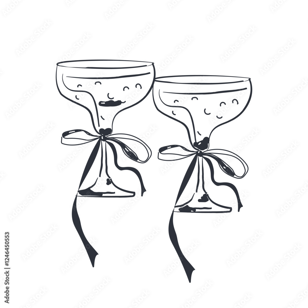 Cocktails in festive glasses with bows, hand-drawn in black ink. Drinks for weddings, holiday parties, Christmas, birthday, menus. Vector illustration, sketch, doodle. Isolated.