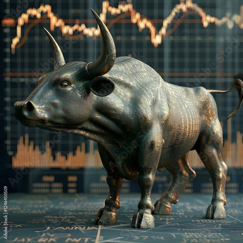 D Representation of a Bull Market A Majestic Art Deco Bull and Ascending Graphs photo