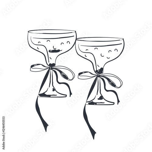Cocktails in festive glasses with bows, hand-drawn in black ink. Drinks for weddings, holiday parties, Christmas, birthday, menus. Vector illustration, sketch, doodle. Isolated.