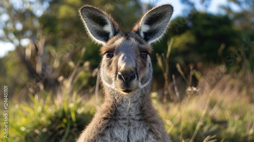 Close-up of a kangaroo in a natural setting, surrounded by grass and trees under a clear sky