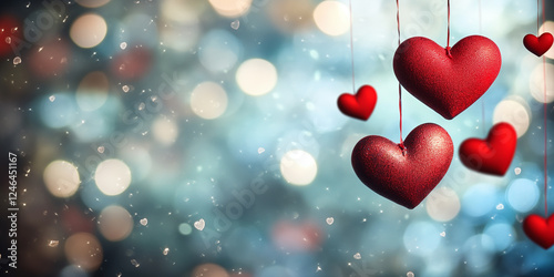 Abstract love background with hearts hanging on a string