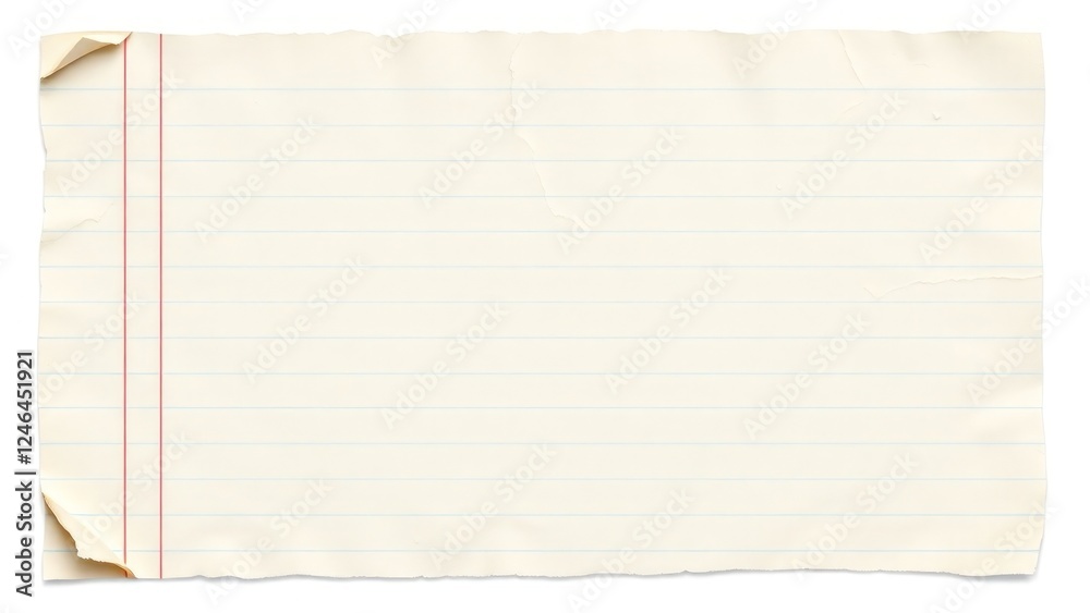 Obraz premium Torn vintage lined notebook paper with distressed edges and a textured surface, perfect for scrapbooking, background designs, or creative projects. Isolated on white background.