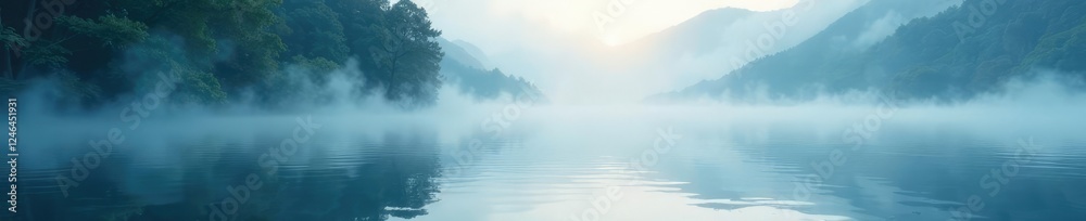 Fototapeta premium Misty veil rises from a tranquil body of water, subtle gradient, atmospheric, tranquil