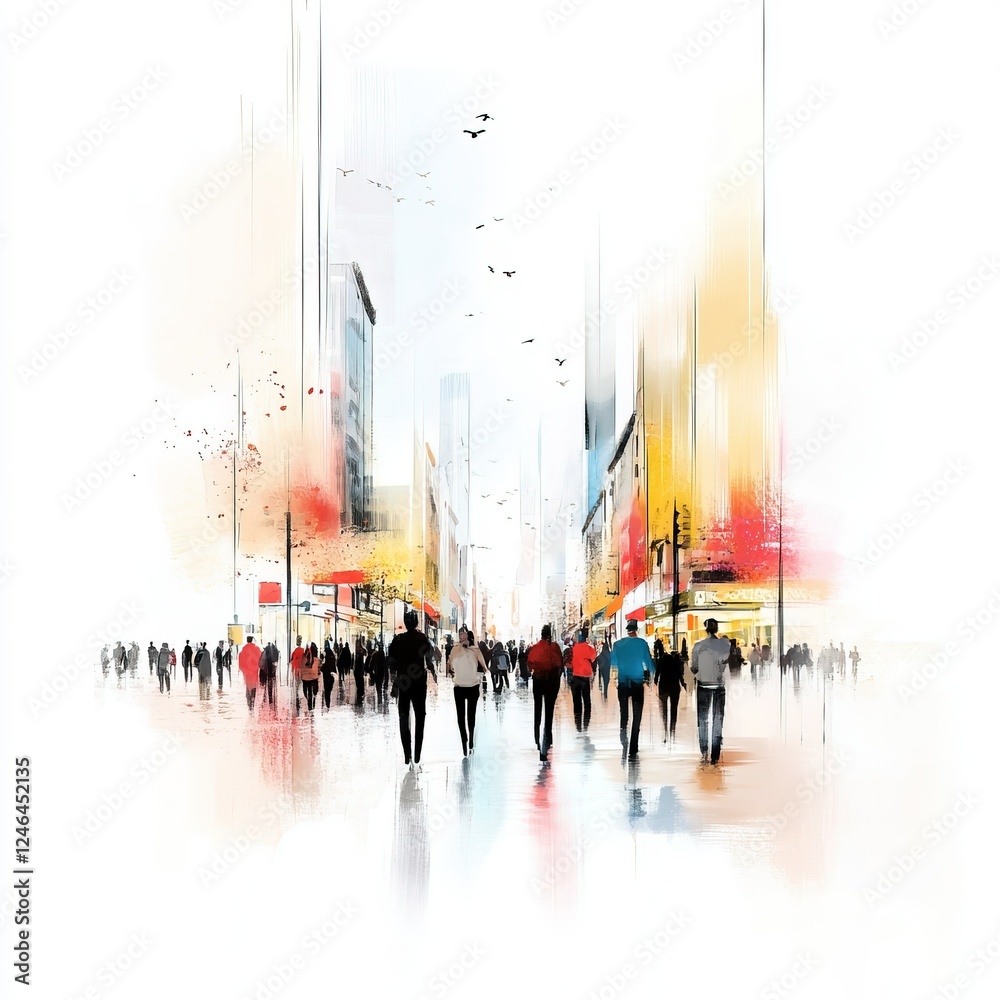 Fototapeta premium Bustling Urban Marketplace, lively crowd, dynamic arrangement, vivid hues, set against a clean white backdrop
