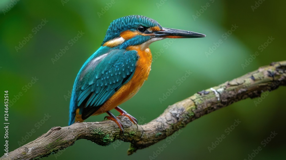 Vibrant kingfisher perched on a branch amidst a lush green background, showcasing nature's beauty Vibrant kingfisher perched on a branch amidst a lush green background, showcasing nature's beauty