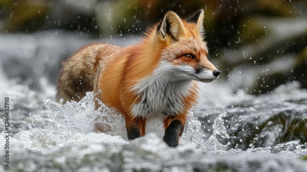 Fototapeta premium A vibrant red fox wades through a flowing stream, surrounded by lush greenery and splashing water