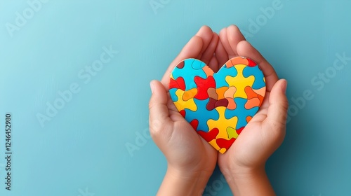 Unity in Autism Awareness Adult and Child Hands Interlocking in a Puzzle Heart photo