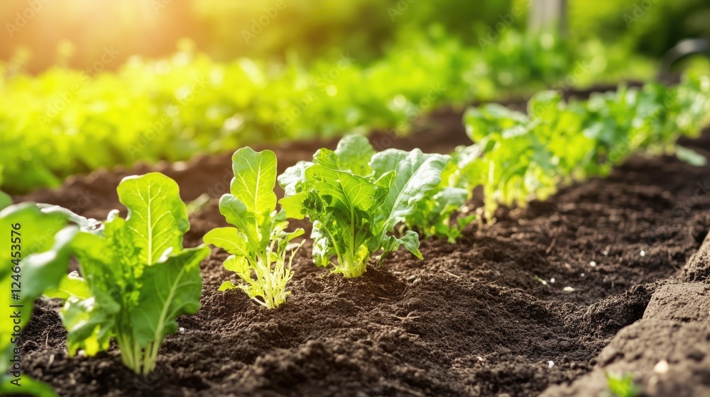 Vibrant green lettuce plants growing in a sunlit organic garden Vibrant green lettuce plants growing in a sunlit organic garden