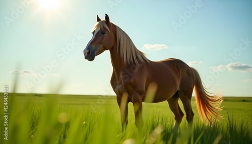 Majestic Horse in Sunlit Meadow: A Serene Equestrian Scene