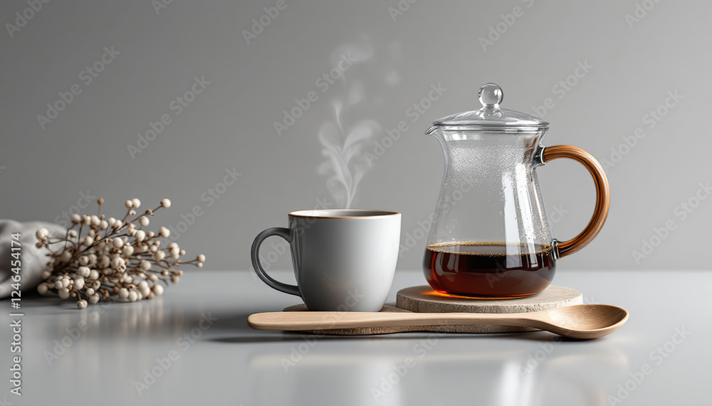 Warm Coffee in Glass Carafe with Grey Mug and Wooden Spoon Warm Coffee in Glass Carafe with Grey Mug and Wooden Spoon