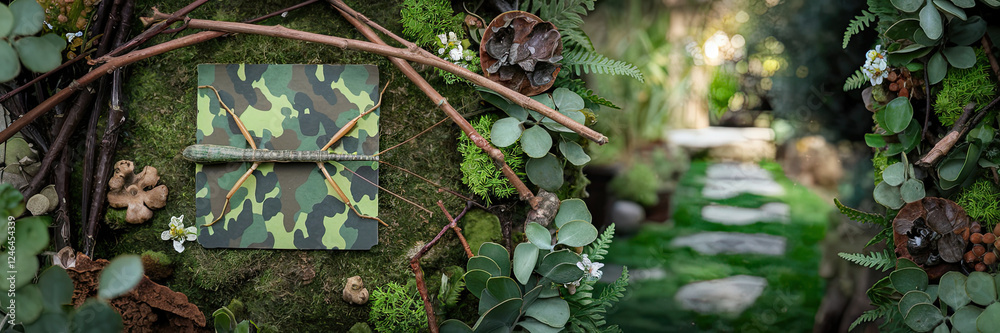 Camouflage Stick Insect on Moss Green Leaves Nature Path Camouflage Stick Insect on Moss Green Leaves Nature Path