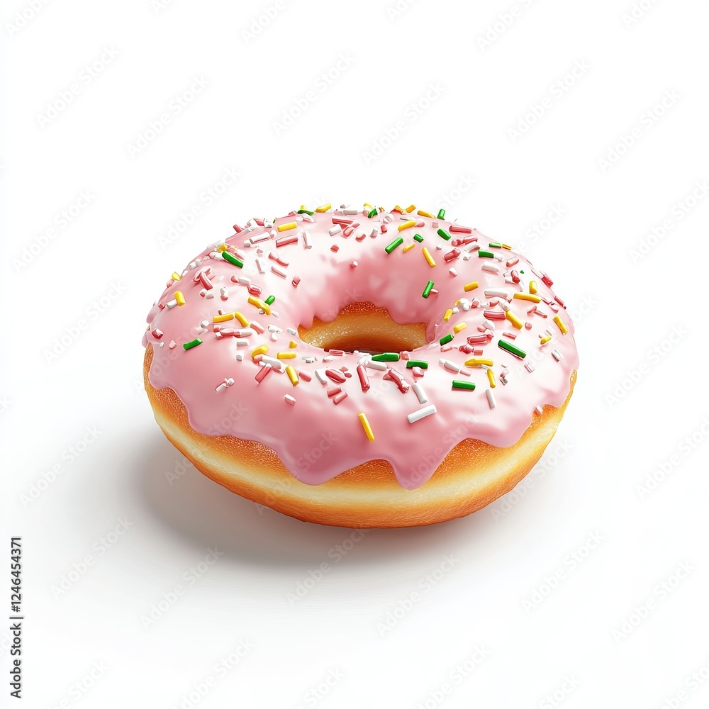 Pink glazed donut with colorful sprinkles, enticing fast food treat, isolated on a clean white background, vibrant and appetizing design Pink glazed donut with colorful sprinkles, enticing fast food treat, isolated on a clean white background, vibrant and appetizing design