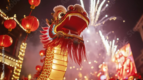 A celebration of Lunar New Year with lanterns, dragon dances, and fireworks