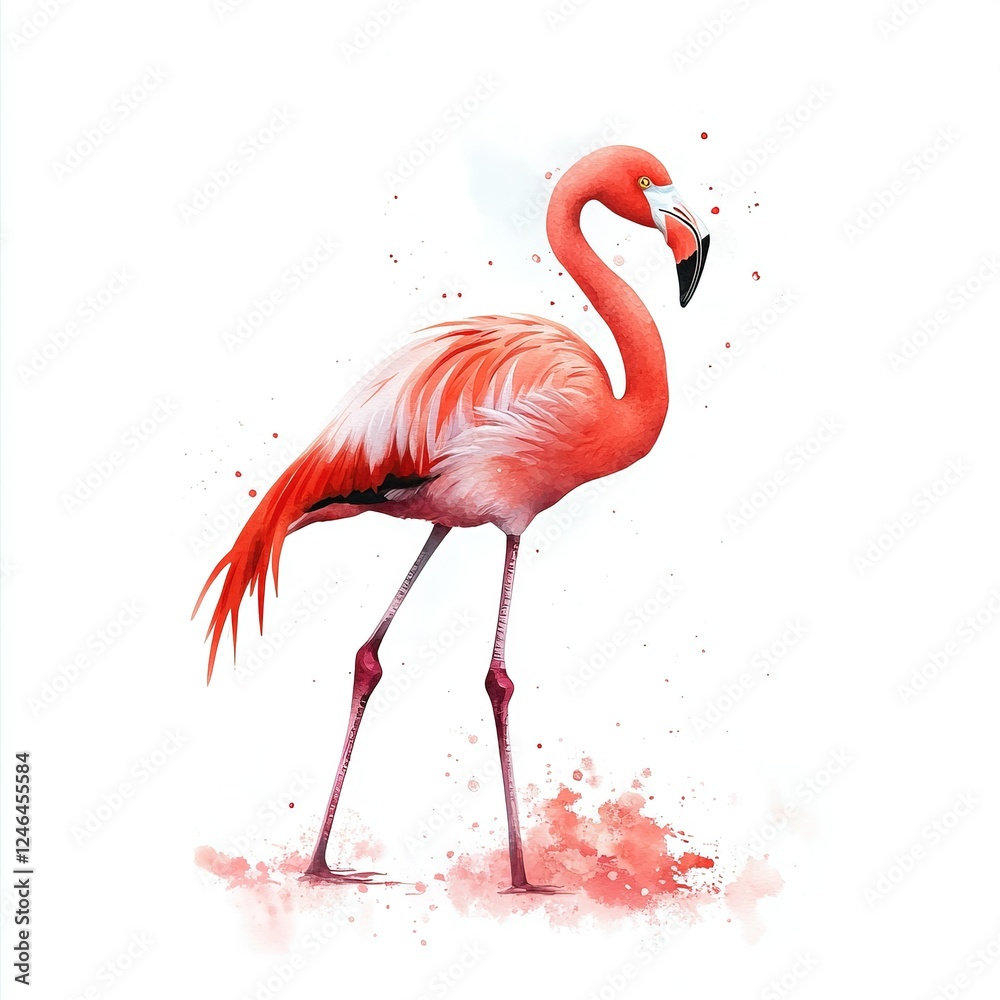 Obraz premium Vibrant Flamingo in Watercolor, Elegant single-leg stance, Soft pink hues, Isolated on white, Perfect for nature-inspired decor