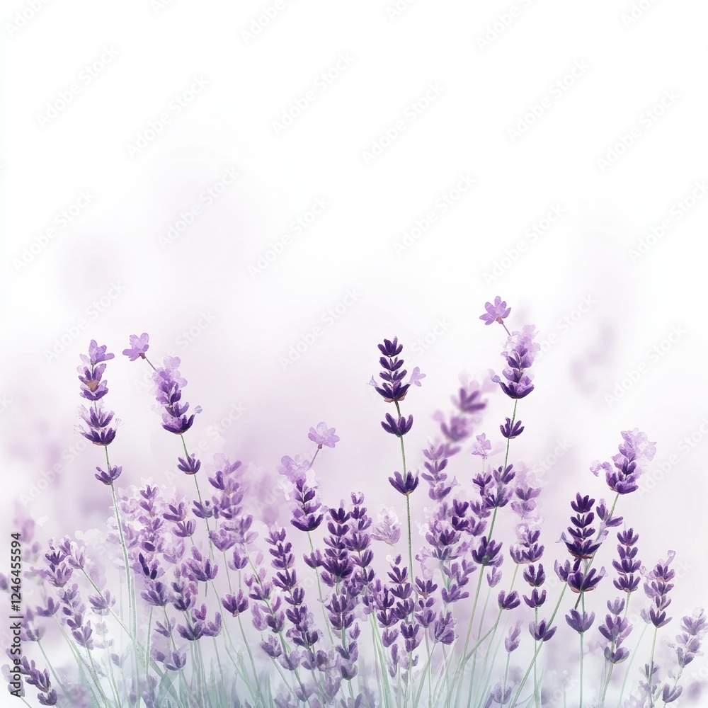 Naklejka premium Lavender Serenity, a tranquil field of blooming lavender in soft hues, evoking calmness and peace against a pure white backdrop.
