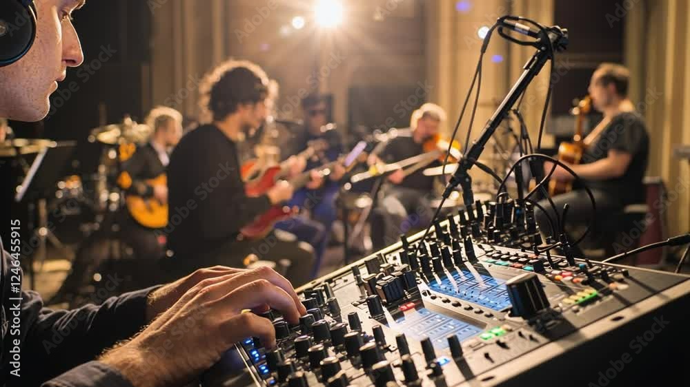 Sound engineer mixing music during live recording session