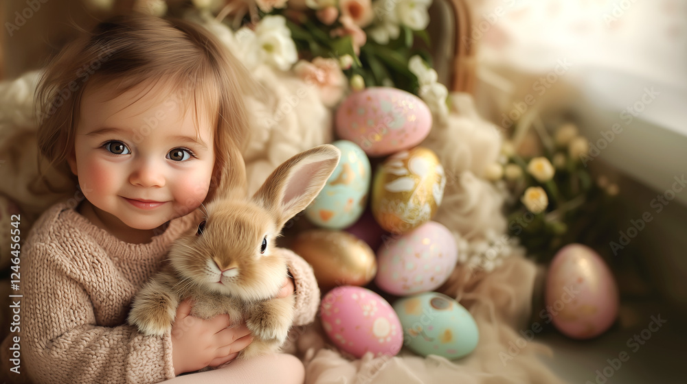 Joyful toddler cuddling an Easter bunny next to colorful eggs Joyful toddler cuddling an Easter bunny next to colorful eggs