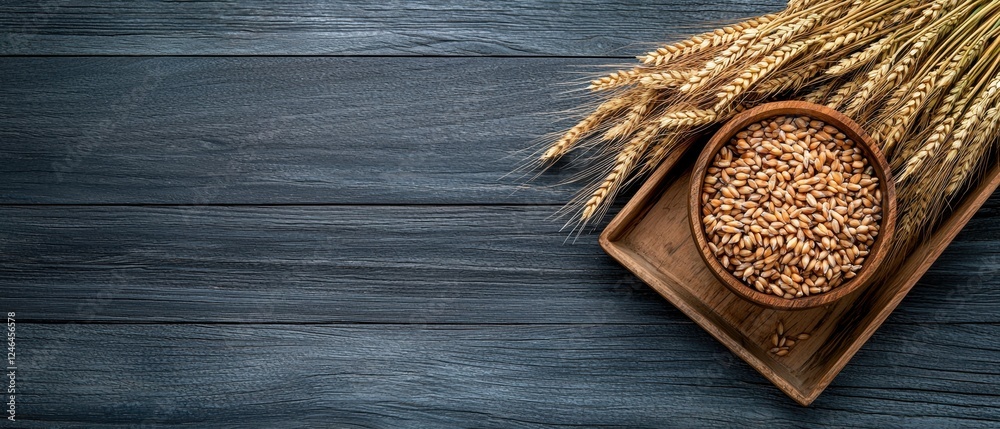 A wooden bowl filled with wheat sits on a wooden tray, with a bunch of wheat beside it. A wooden bowl filled with wheat sits on a wooden tray, with a bunch of wheat beside it.