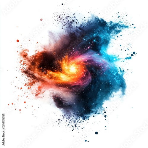 Vibrant Cosmic Swirl, a digital artwork showcasing a galaxy in vivid neon hues, elegantly set against a clean white background photo