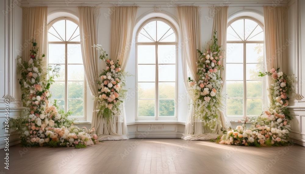 Maternity backdrop, wedding backdrop, photography background with delicate flowers and vintage white wall and windows. cosy Maternity backdrop, wedding backdrop, photography background with delicate flowers and vintage white wall and windows. cosy