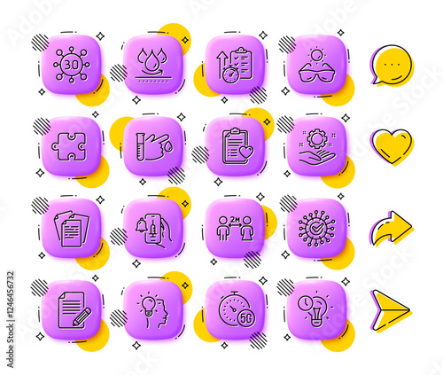 Employee hand, 5g internet and Coronavirus line icons. App 3d buttons. Social media comment, share, like icons. Pack of Waterproof, Social distancing, Puzzle icon. Vector