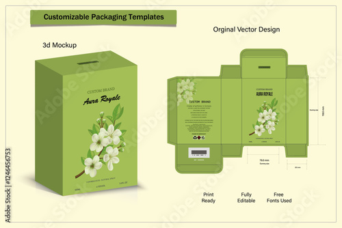 Perfume Packaging Design, Luxury  Box, Packaging Die Cut Template For Product vector design with 3D Preview luxury box design, Box die line.