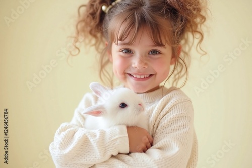 young girl with rabbit in arms wearing cream colored sweater