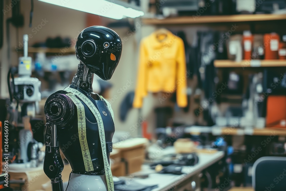 Humanoid android tailor using a measuring tape in a fashion design studio. Generative AI Humanoid android tailor using a measuring tape in a fashion design studio. Generative AI