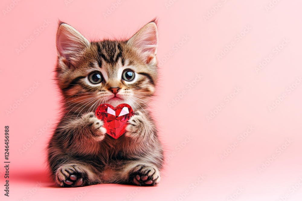 Obraz premium Cute havana brown kitty with diamond red heart - sign of love, funny greeting card. Marketing drawing. Havana brown - my preferred cat. Valentine's animal portrait. Love-inspired animal photo.