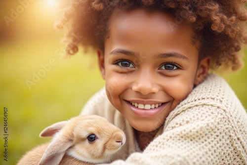 young girl holding small rabbit cream colored sweater