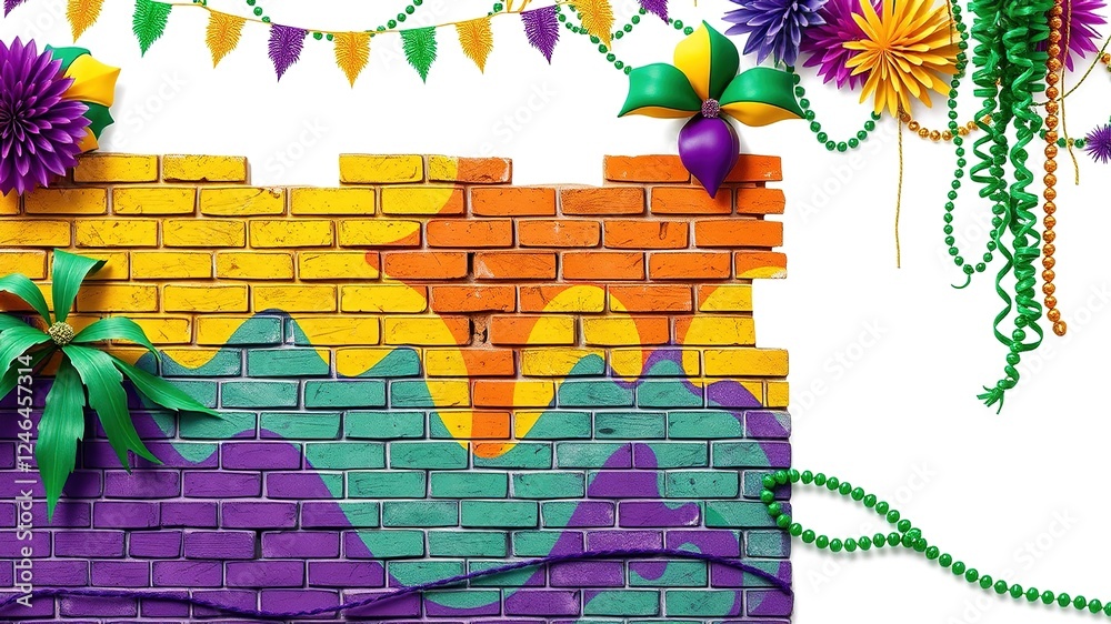 Fototapeta premium Colorful and Cheerful Mardi Gras Brick Wall Decorated for Celebration