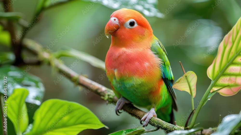 Vibrant parrot perched on a branch amidst lush green foliage in a tropical rainforest setting Vibrant parrot perched on a branch amidst lush green foliage in a tropical rainforest setting