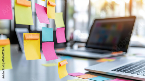 Creative brainstorming session with colorful sticky notes and laptop