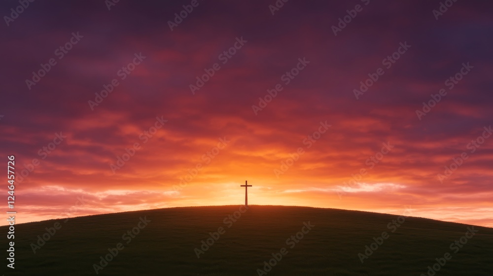 A solitary wooden cross stands on a grassy hill, silhouetted against a dramatic sunrise that fills the sky with warm colors, evoking a sense of peace and spirituality A solitary wooden cross stands on a grassy hill, silhouetted against a dramatic sunrise that fills the sky with warm colors, evoking a sense of peace and spirituality