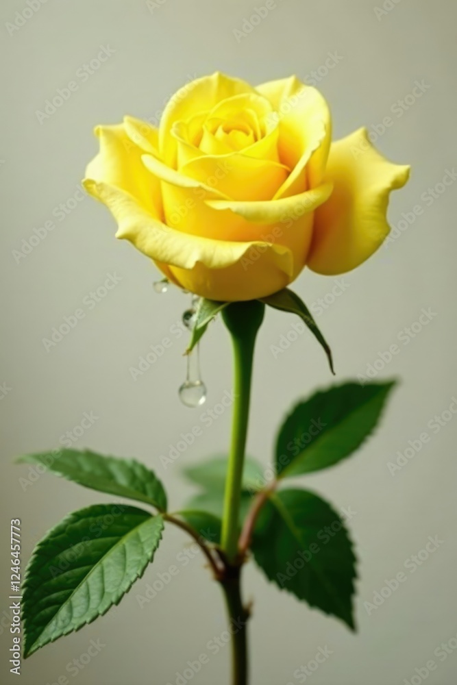Single yellow rose with beaded water drops hanging from stem, stem, plant detail, botanical Single yellow rose with beaded water drops hanging from stem, stem, plant detail, botanical