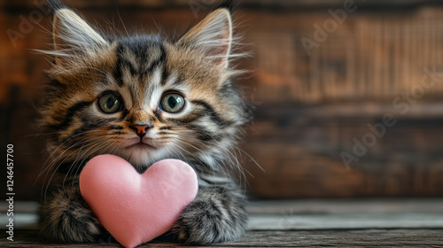 Cat with heart. A heartwarming moment with an adorable kitten and a pink heart. Valentine's Day card  