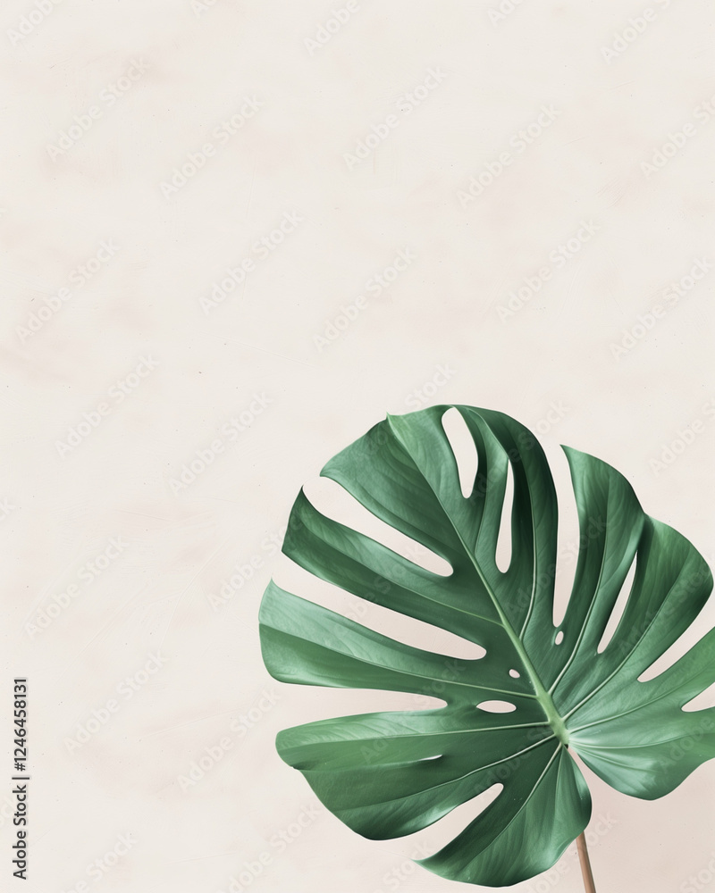 Obraz premium Large green monstera leaf against a soft neutral background creating a natural and calming atmosphere for design